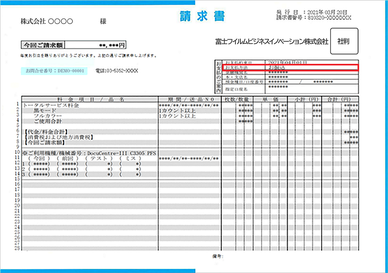 はがきタイプの支払方法表示位置を示す画像