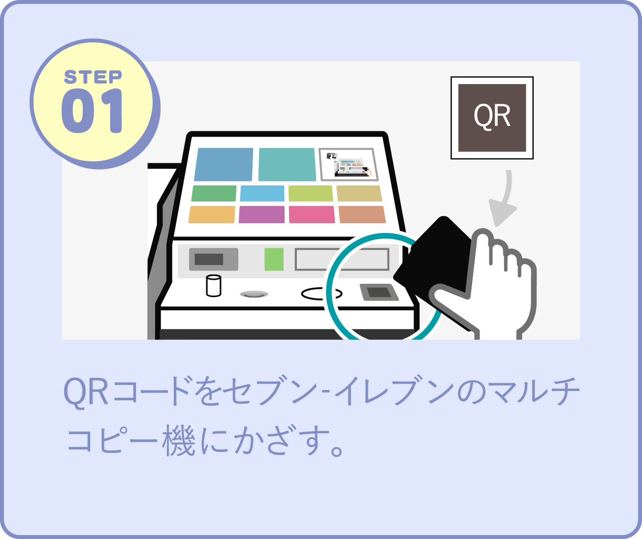 STEP01 QRコードをセブン‐イレブンのマルチコピー機にかざす。